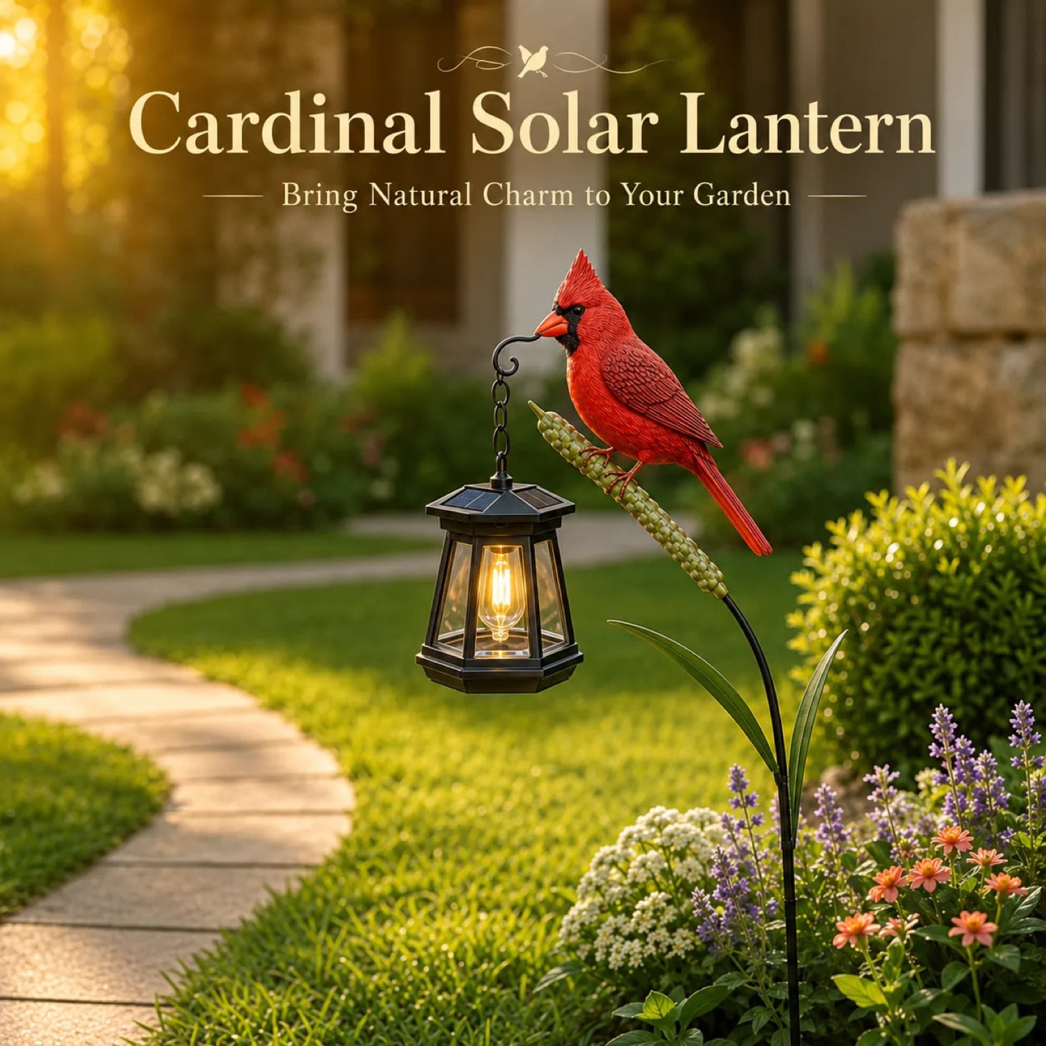 Cardinal Solar Garden Light — Vintage Lantern with Red Cardinal