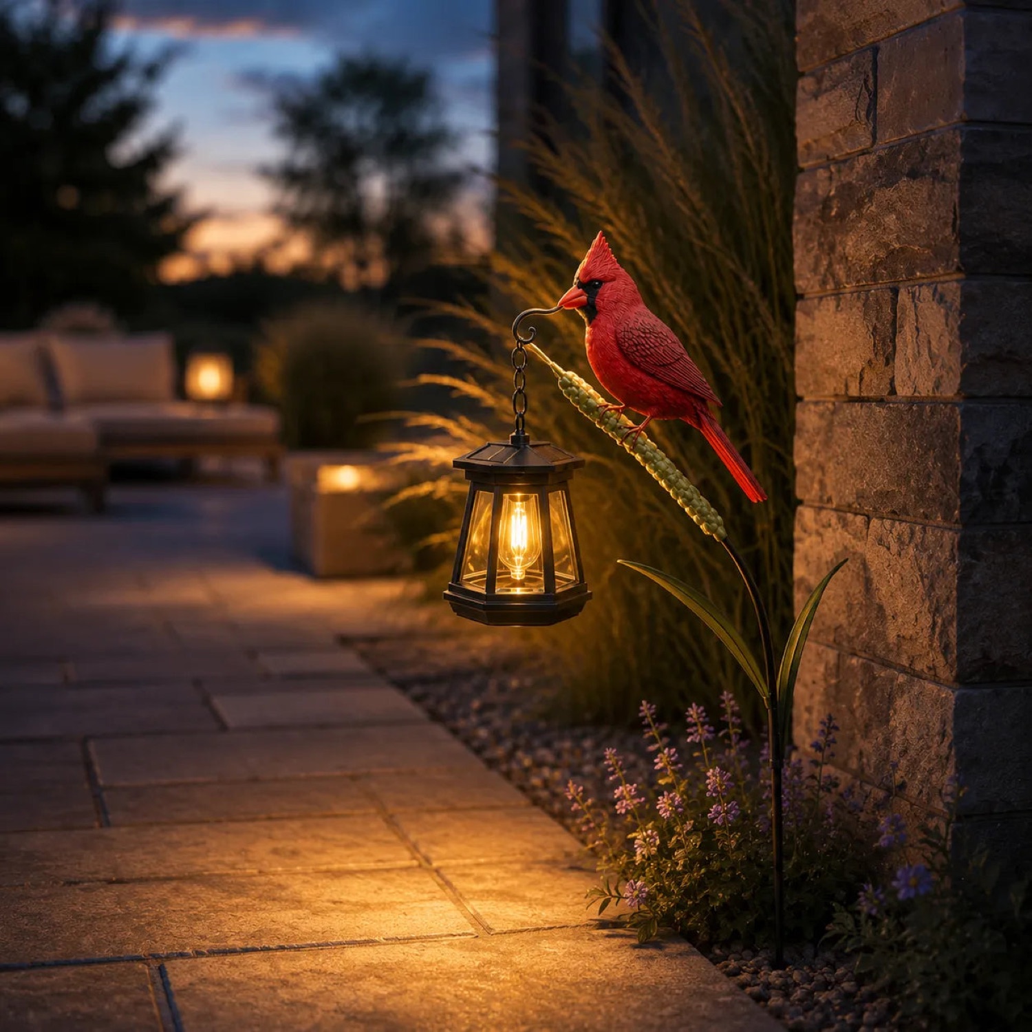 Cardinal Solar Garden Light — Vintage Lantern with Red Cardinal