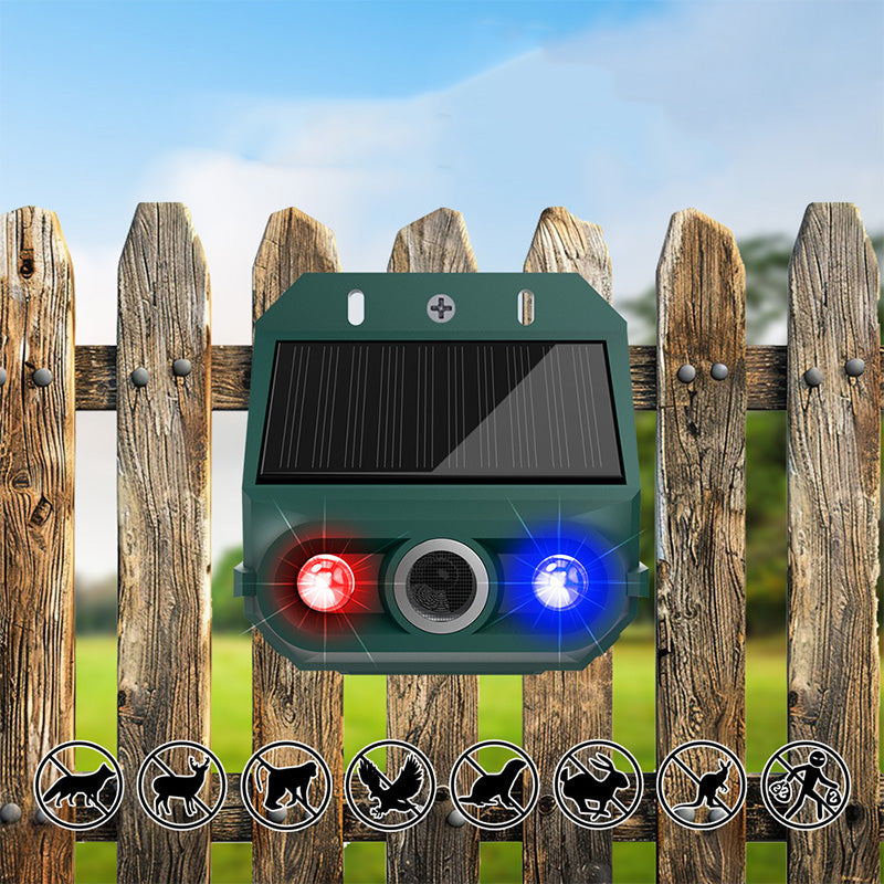 Solar Animal Repeller — Ultrasonic + Flashing Light, IP55 Weatherproof